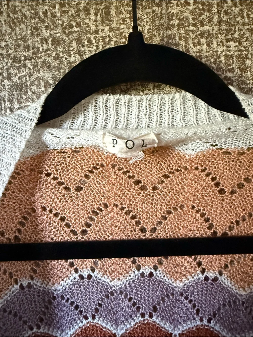 POL Open-Front Striped Crochet Cardigan - Peach, Mauve, White, Red